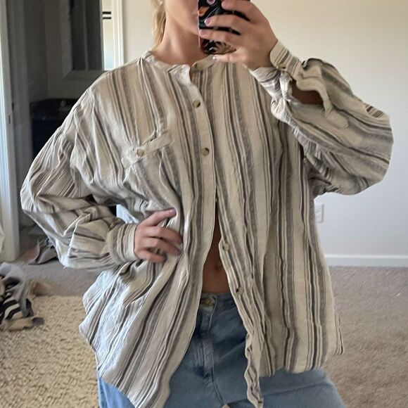 Vintage Boho City Streets Cotton Linen Blend Striped High Neck Long‎ Sleeved - Picture 1 of 12